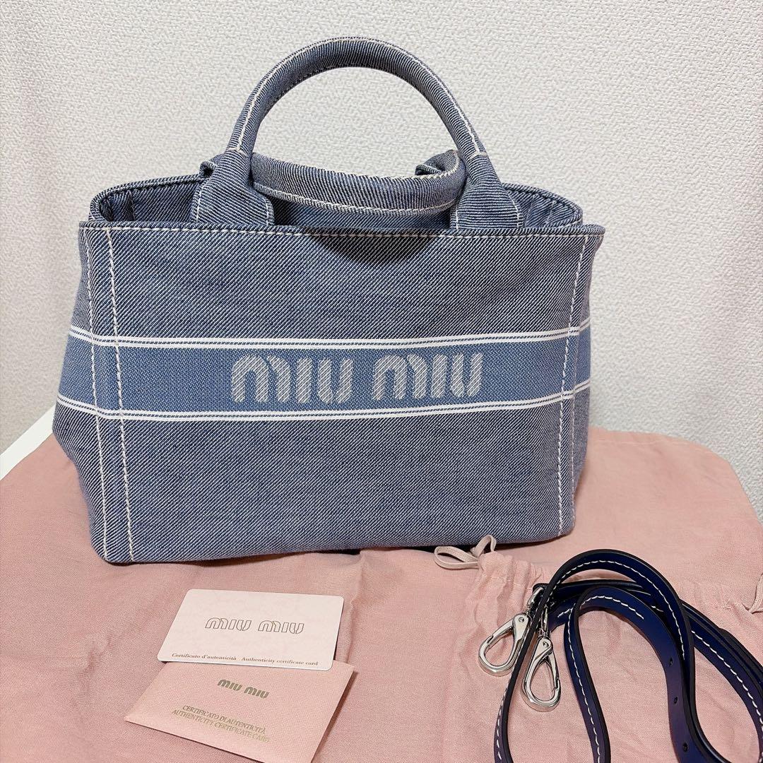 値下げ不可 miumiu ジャガードロゴデニム トートバッグ ブルー