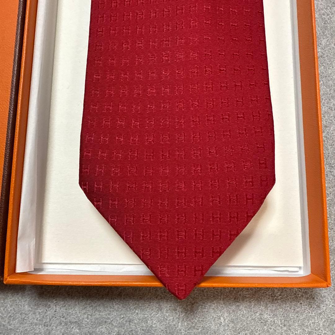 美品　エルメス　ネクタイ　赤　H柄H織ファソネ　派手