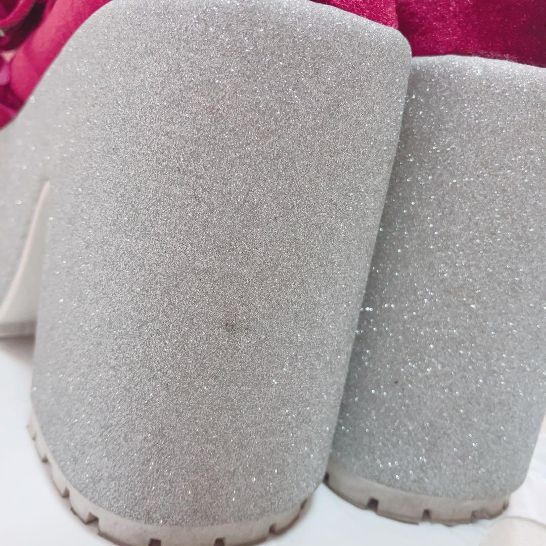 Ank Rouge キラキラビジューベロアリボン厚底シューズ レッド