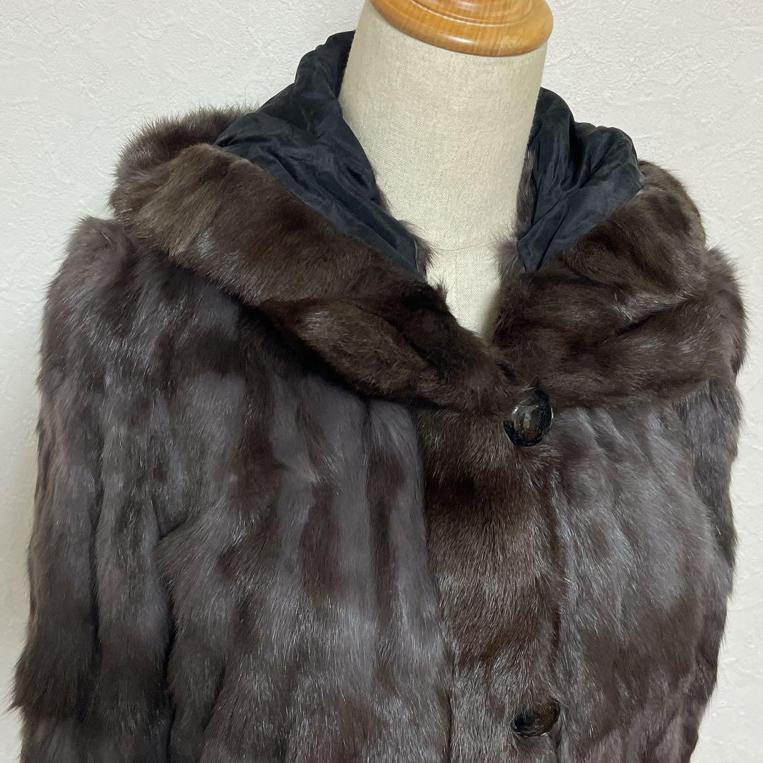 【美品】高級シルク100% ロシアリス リバーシブルロングコート L〜LL 毛皮