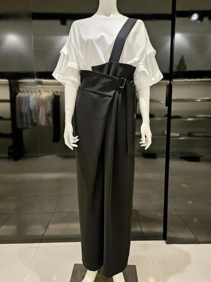 ENFOLD 黒 ONE-SHOULDER SARROUEL TROUSERS