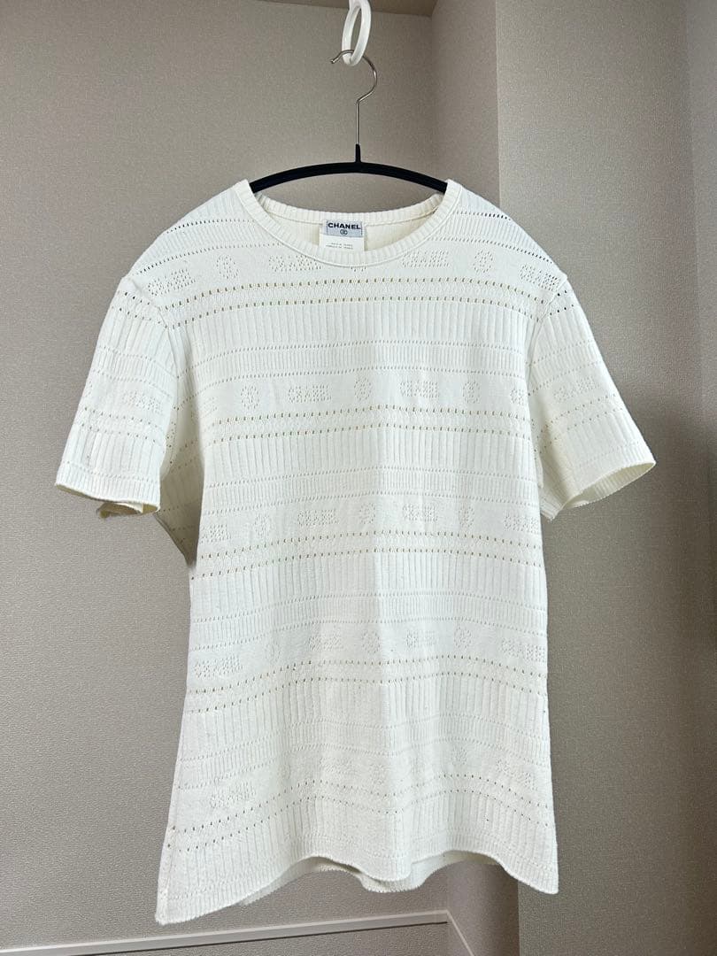 【CHANEL】ホワイト 編み込みデザイン Tシャツ