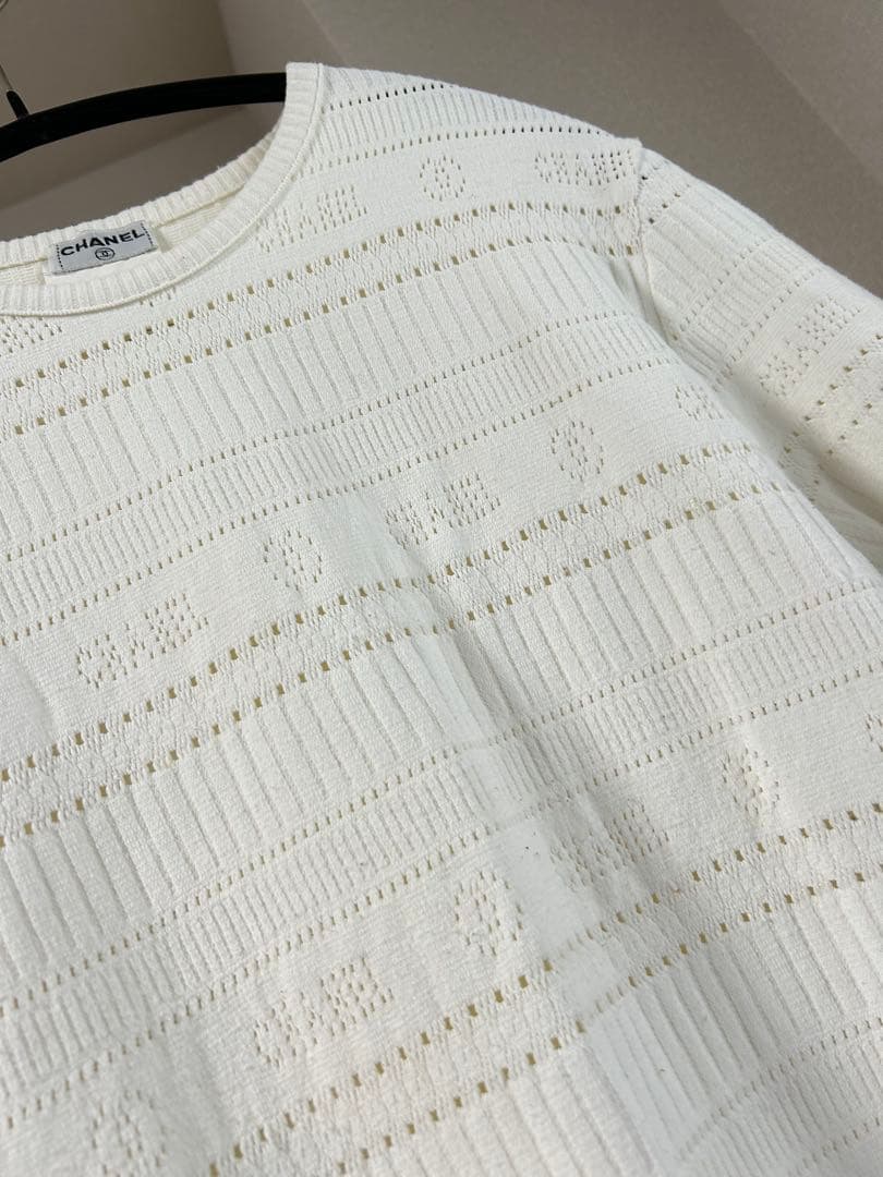 【CHANEL】ホワイト 編み込みデザイン Tシャツ