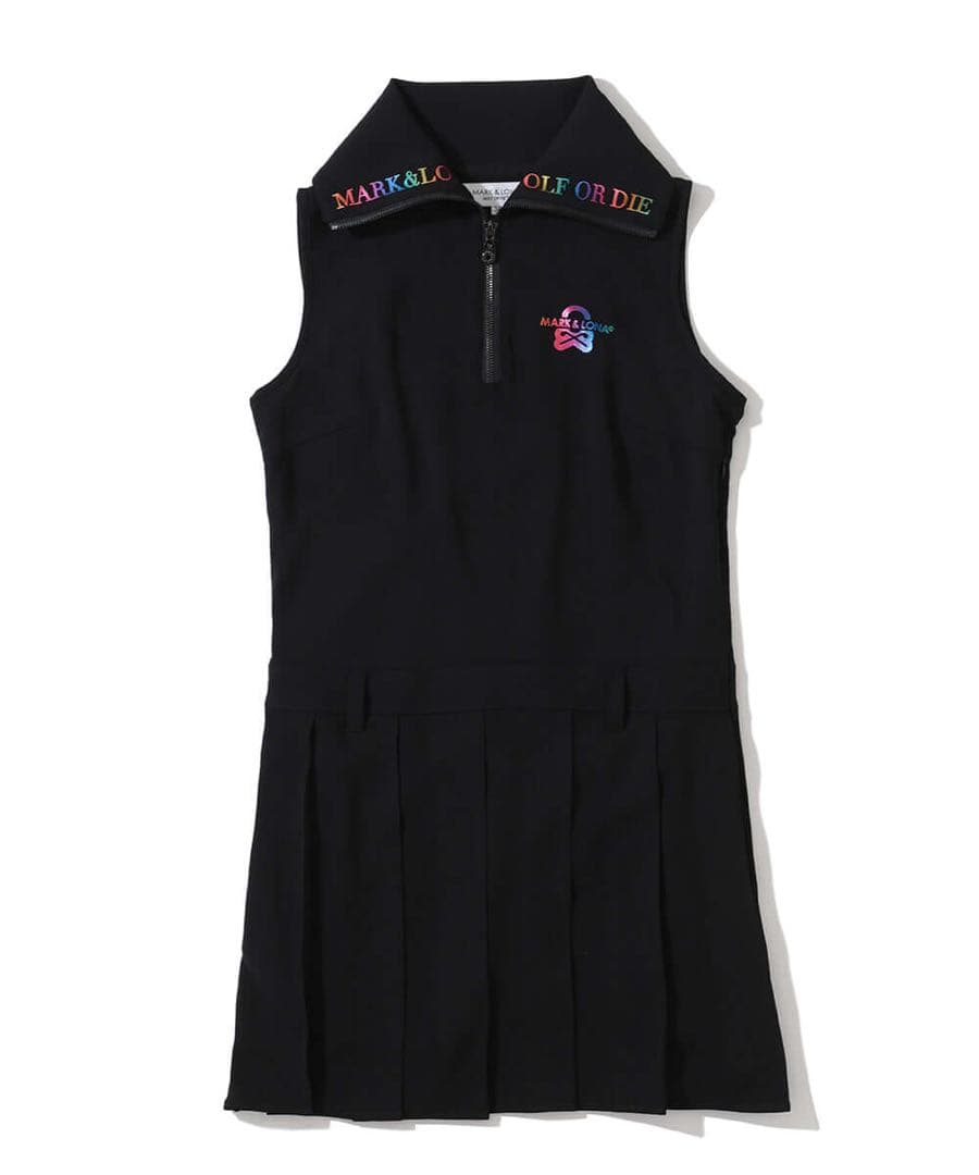 MARK&LONA プリーツ切替衿付きノースリーブワンピース ブラック