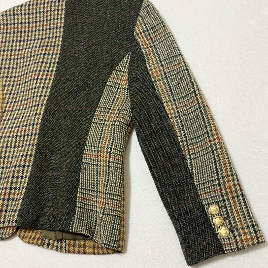 【カネコイサオ】美品テーラードジャケット　異素材　金ボタン　チェック柄　ツイード