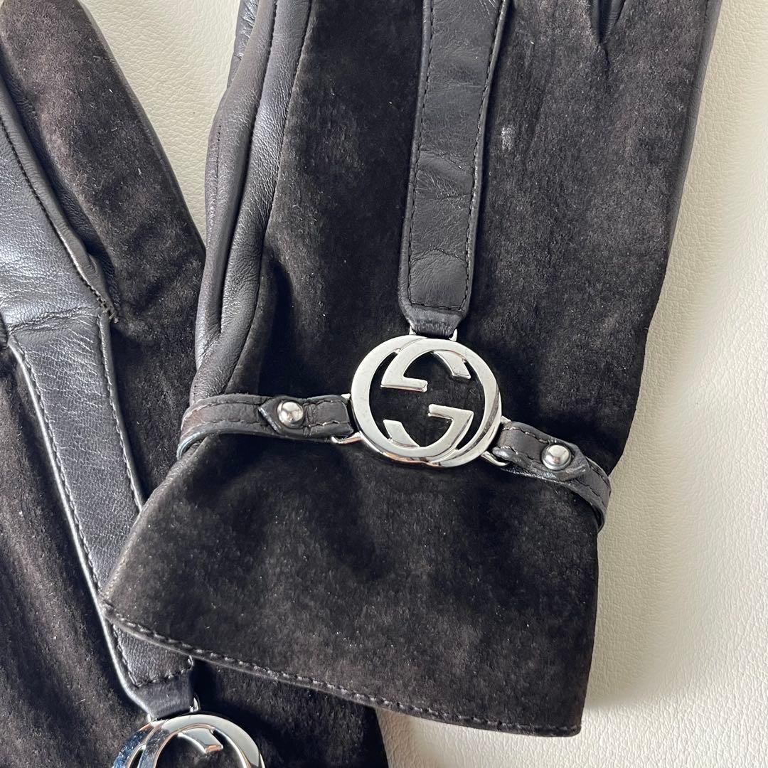 美品 GUCCI 手袋　グローブ　インターロッキング GG レザー　カシミヤ
