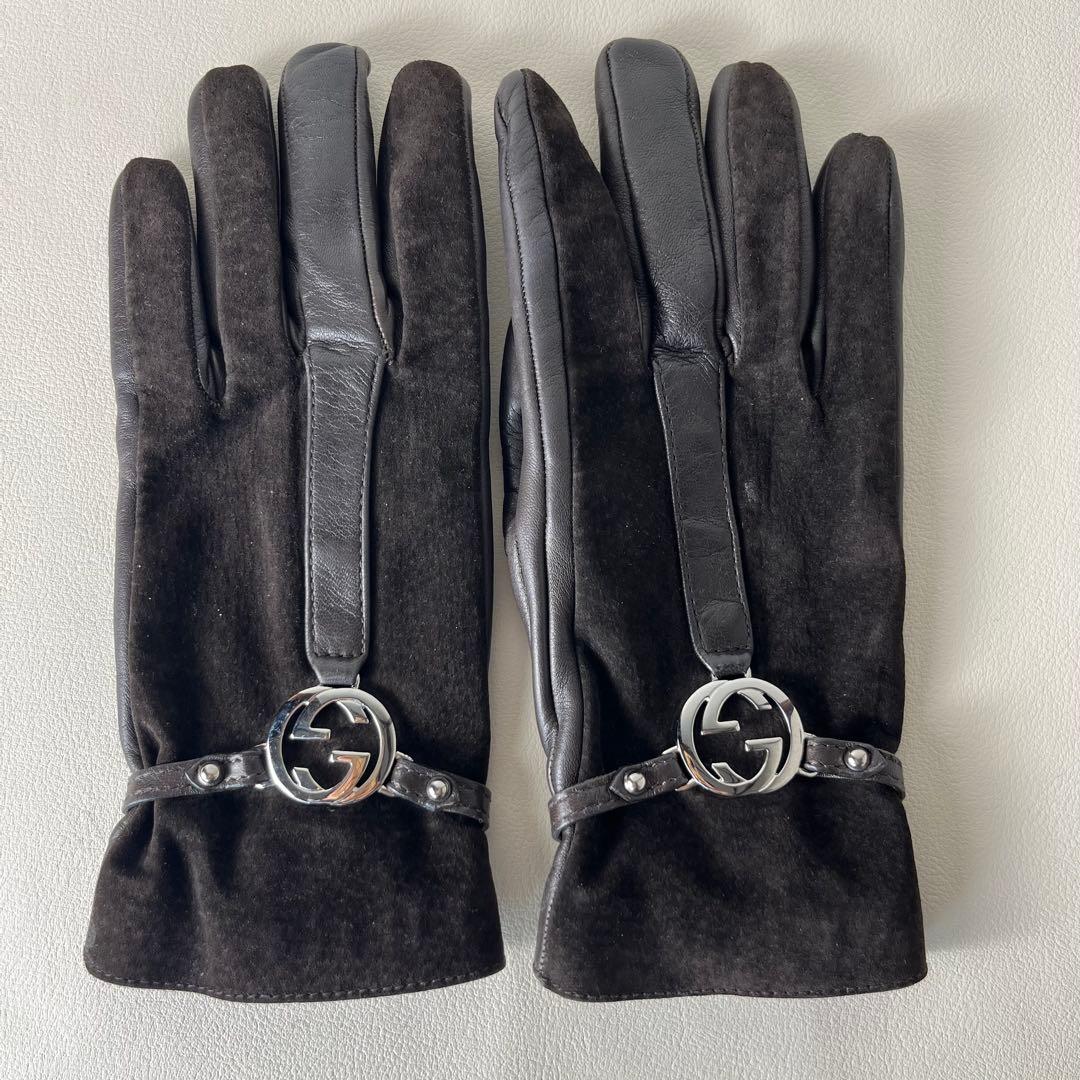 美品 GUCCI 手袋　グローブ　インターロッキング GG レザー　カシミヤ