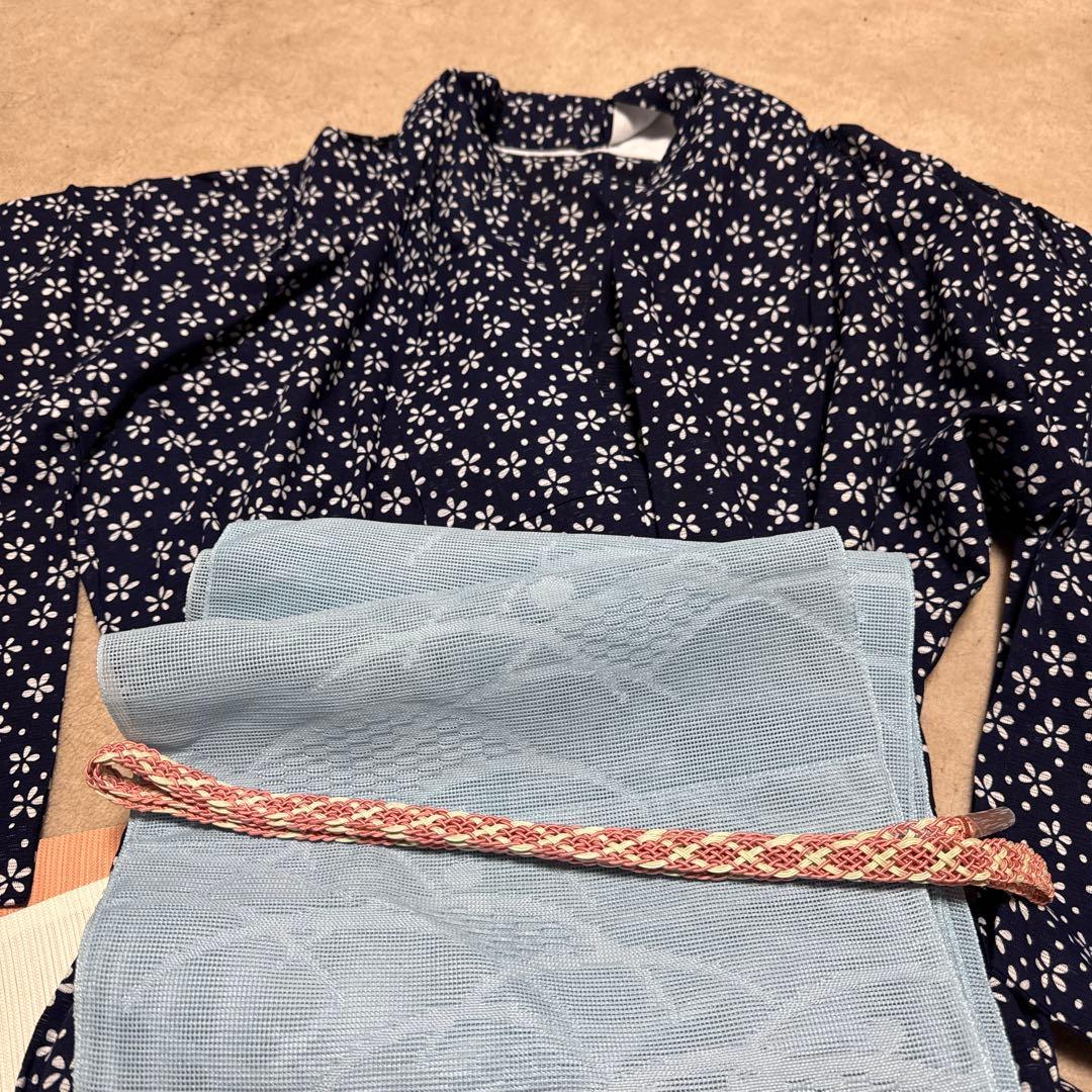 綿絽　夏着物　小紋着物セット 紺色花柄豪華7点セット