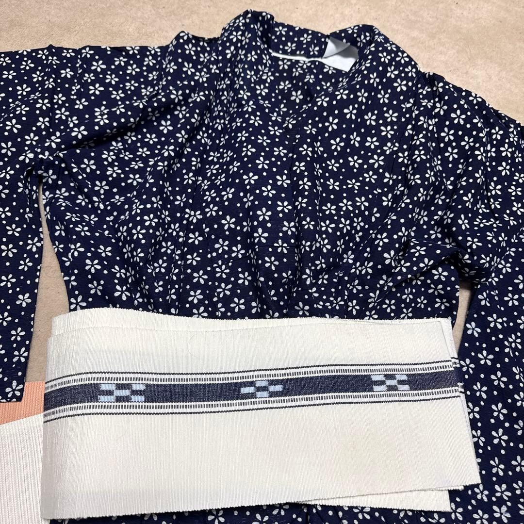 綿絽　夏着物　小紋着物セット 紺色花柄豪華7点セット