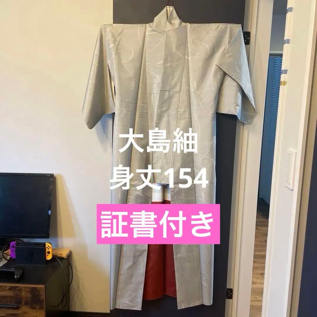 藤絹織物 白大島 葉模様 着物 大島紬