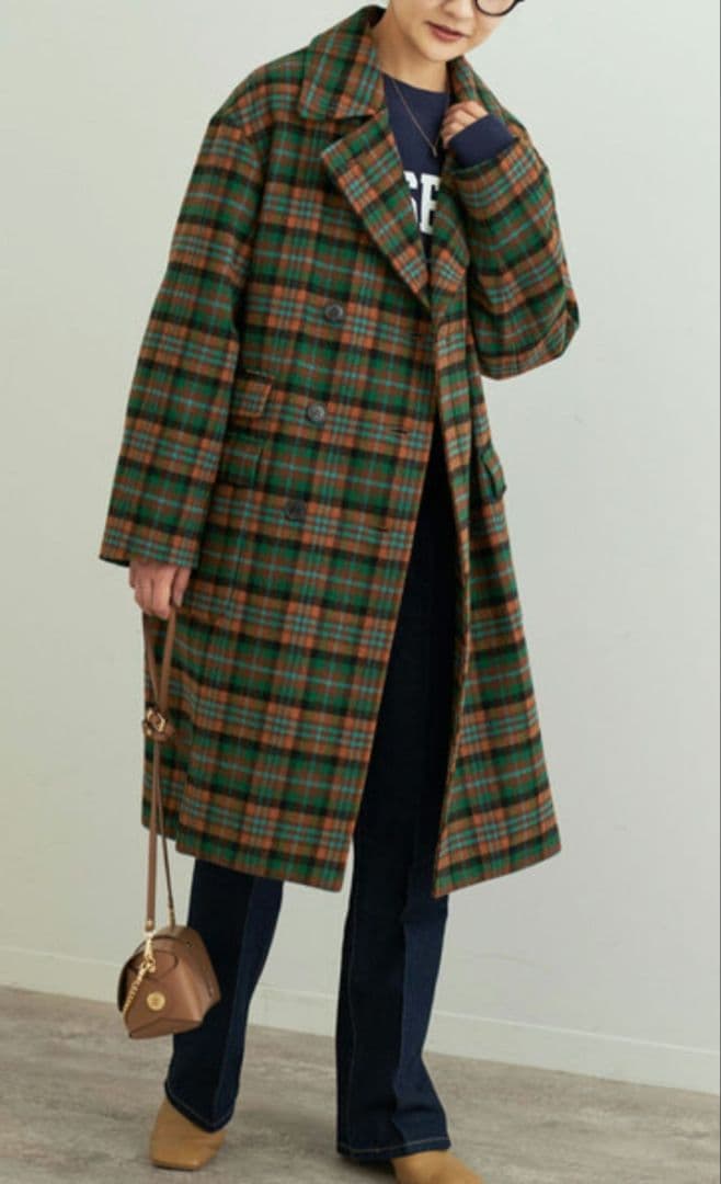 SLOBE IENA　マルチカラーチェックロングピーコート　38　美品✨