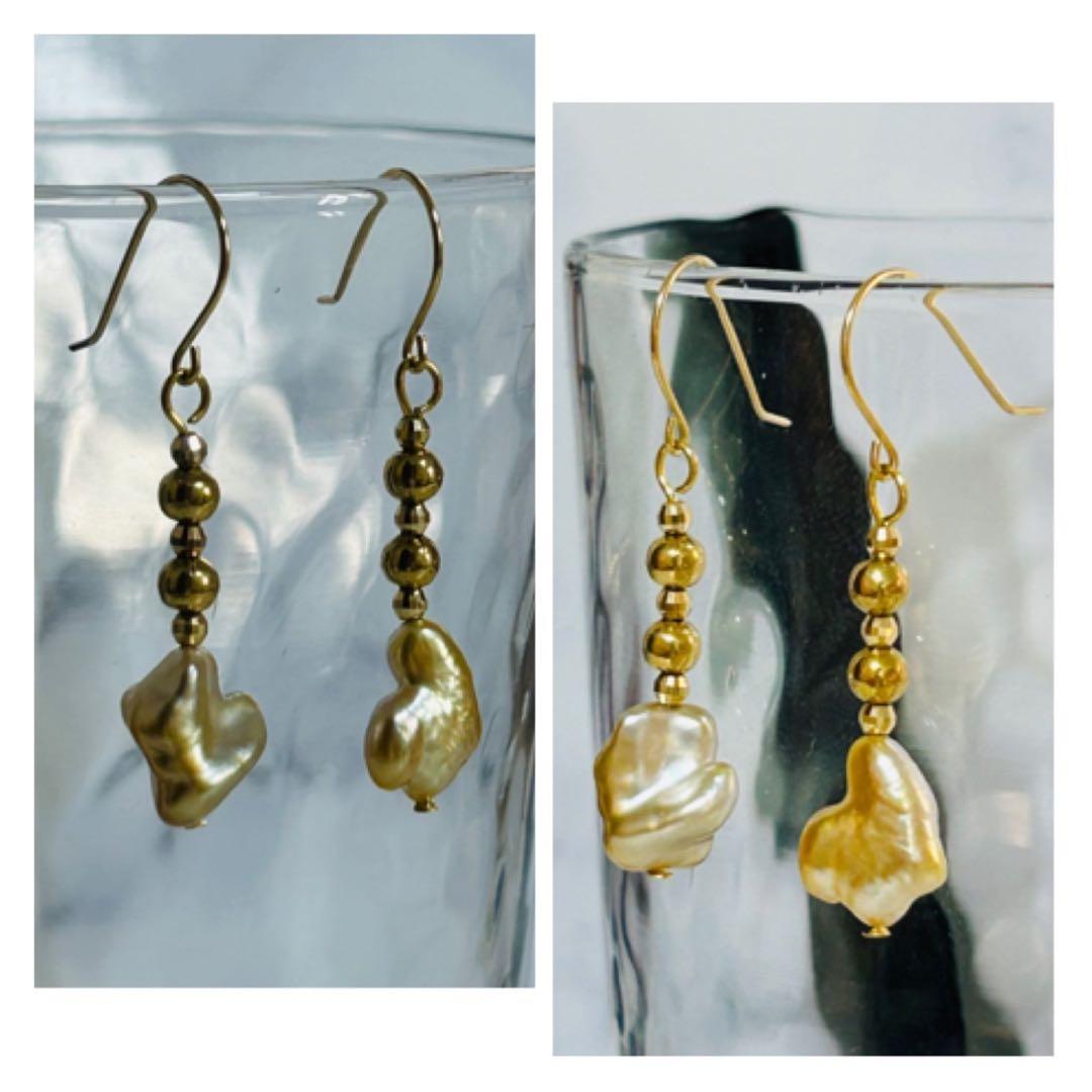 (M0119-6)K18YG南洋白蝶ゴールデンケシパールアメリカンピアス