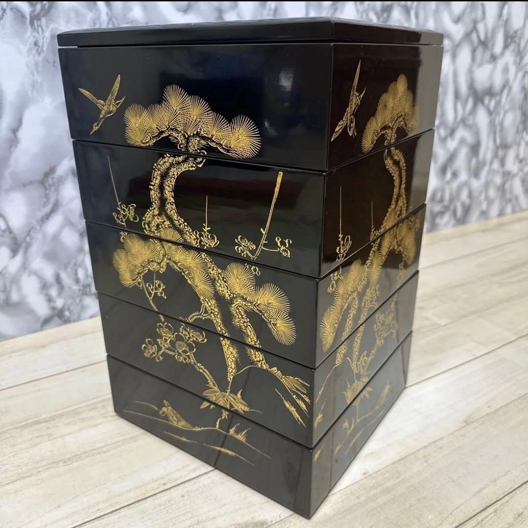 美術品アンティークコレクション 工芸品 輪島塗重箱五段重 重箱 沈金蒔絵 木箱入