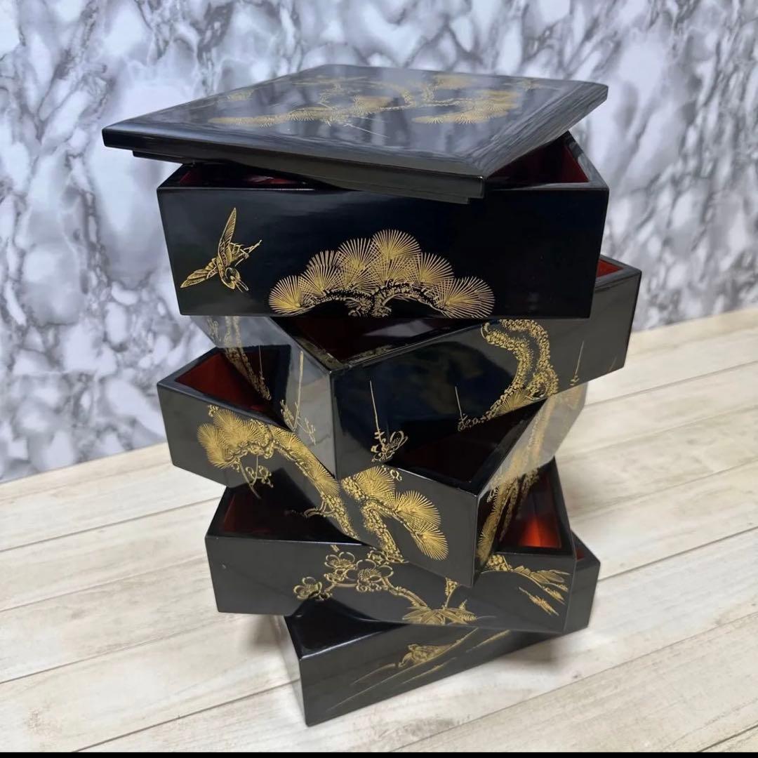 美術品アンティークコレクション 工芸品 輪島塗重箱五段重 重箱 沈金蒔絵 木箱入