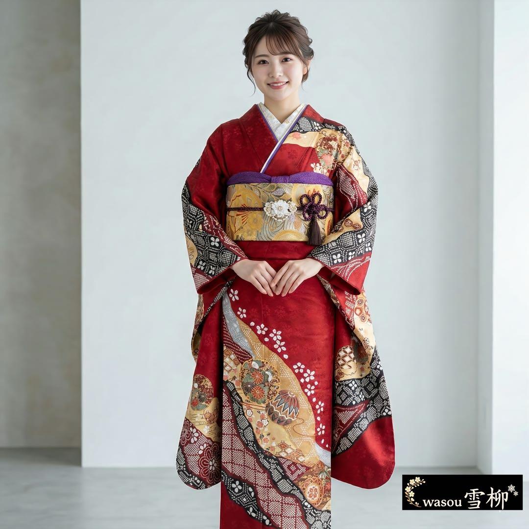 人気の赤古典♡可愛らしい鞠模様♡振袖フルセット　成人式前撮り謝恩会