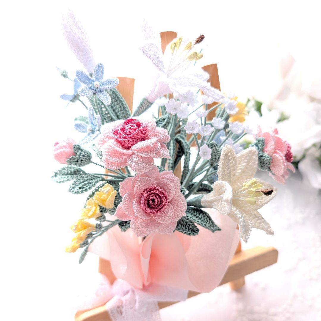MOH☆薔薇とユリ、フリージアなどのブーケ☆ハンドメイドレース編み