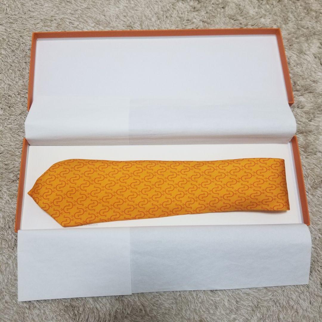 【HERMES】エルメス シルク100% オレンジ ネクタイ 箱付き 約8cm