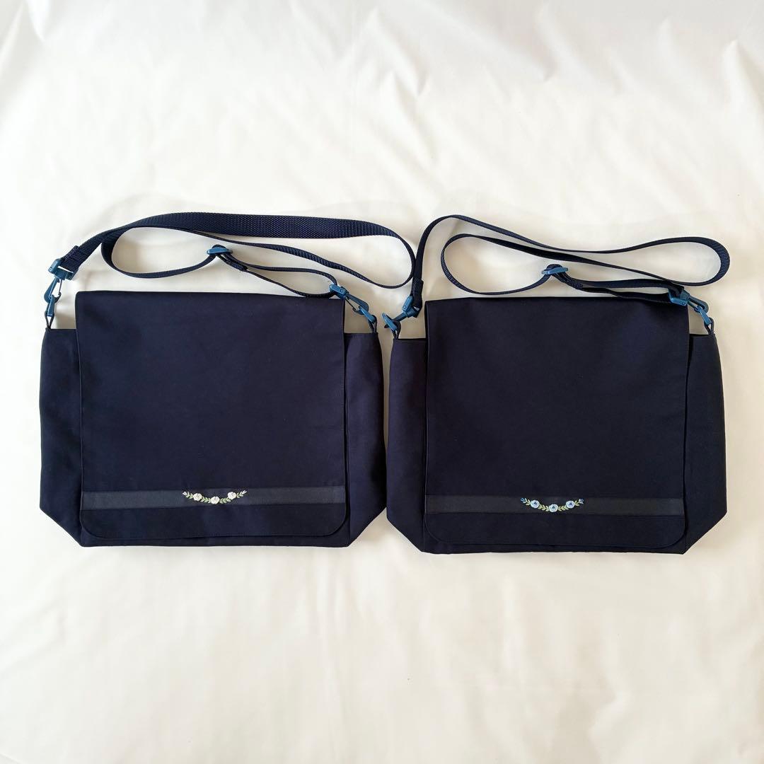 こん　手刺繍　ショルダーバッグ　通しマチ　濃紺　調整ベルト付き　【2/2】