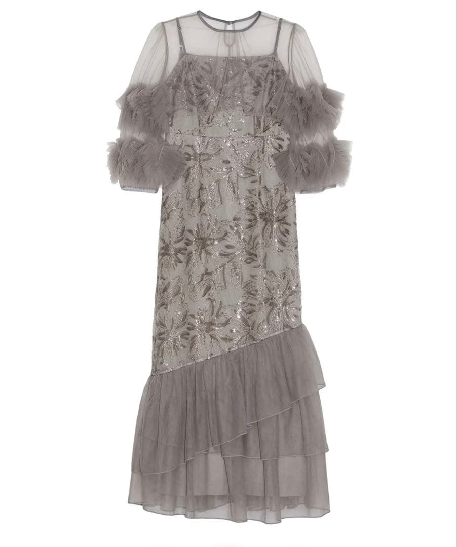 leja フラワースパンコールチュールフリルスリーブIラインワンピースドレス