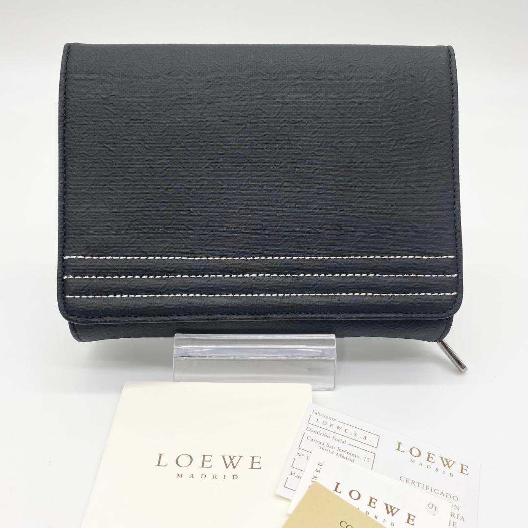 ロエベ 折り財布 リピートアナグラム ブラック ナイロン レザー シルバー金具