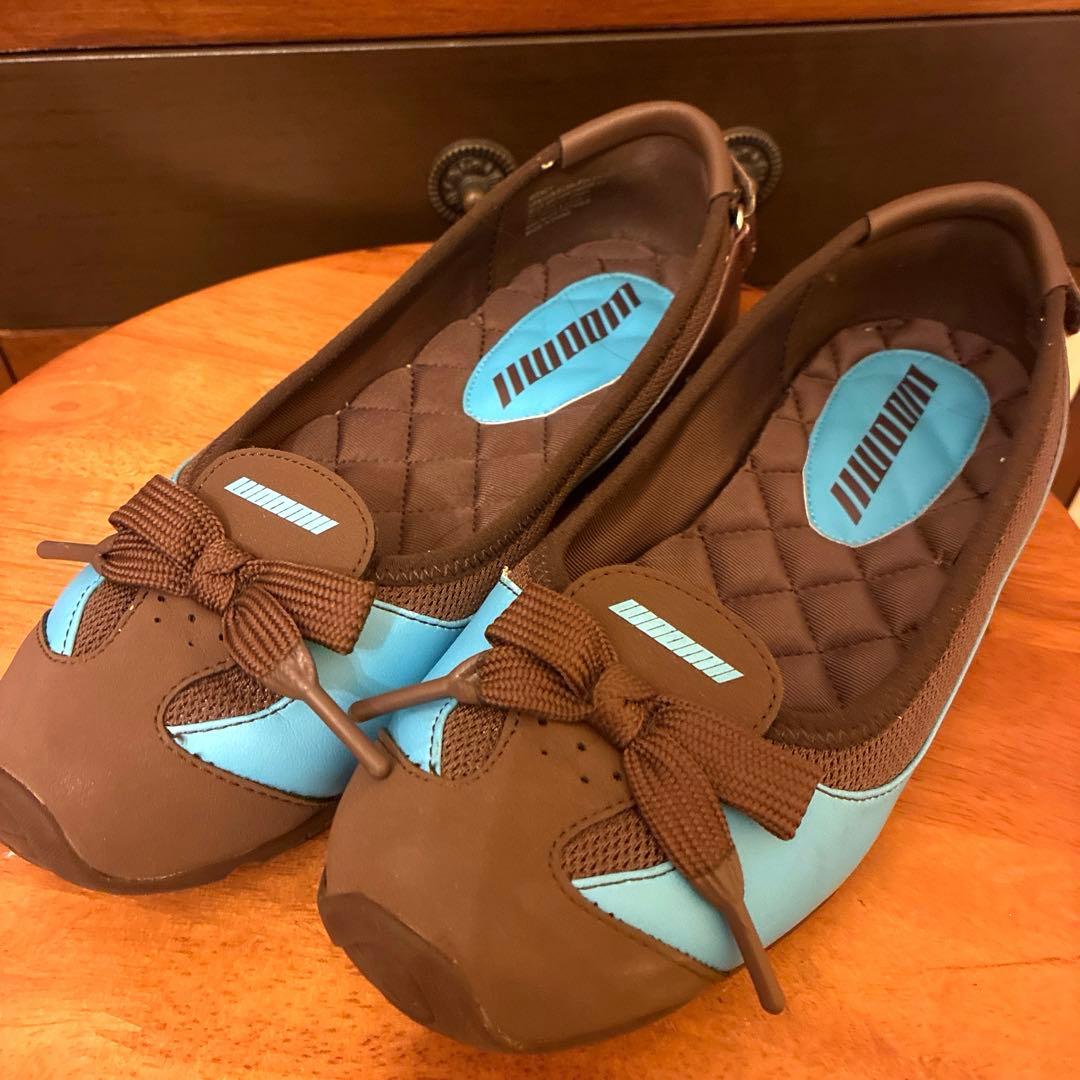 woomiiリボン付きブラウンブルーフラットシューズ