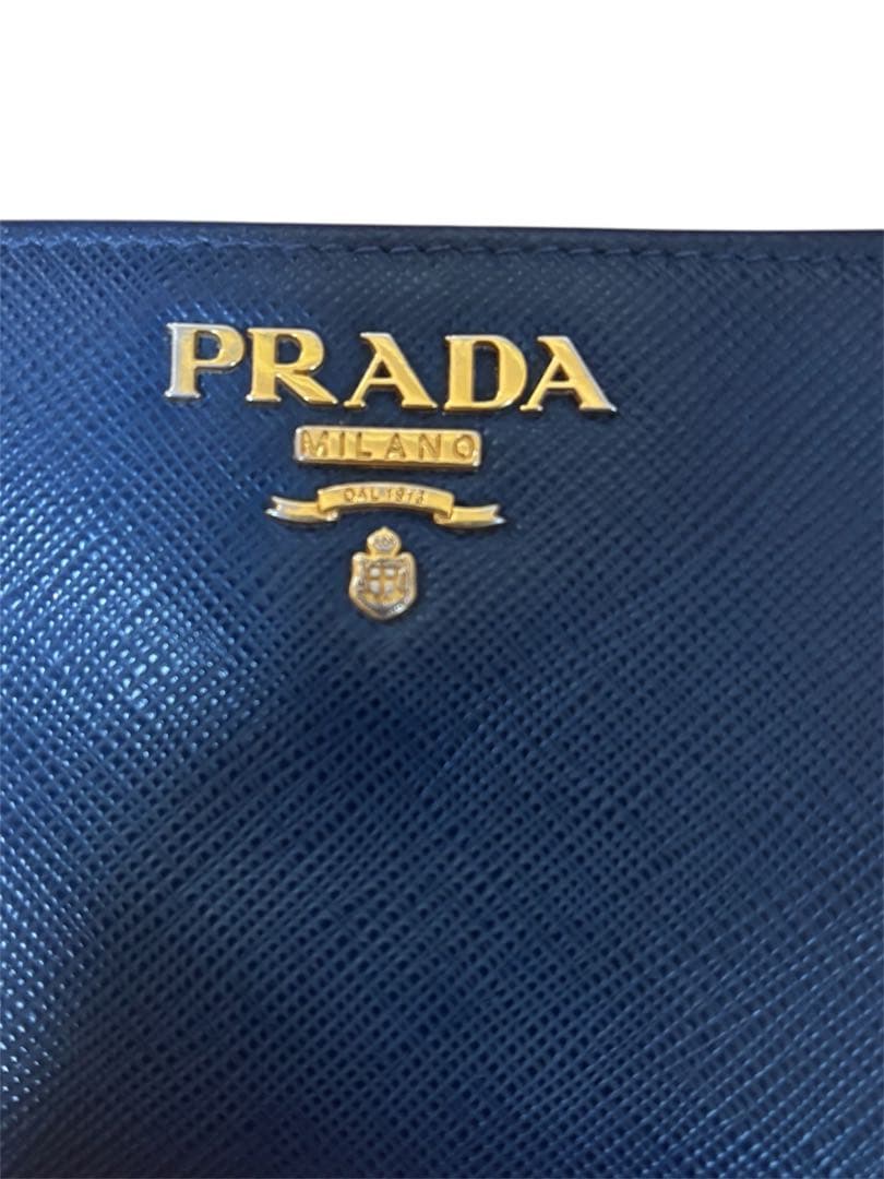 [美品]PRADA プラダ 二つ折り財布 ネイビー ゴールドロゴ