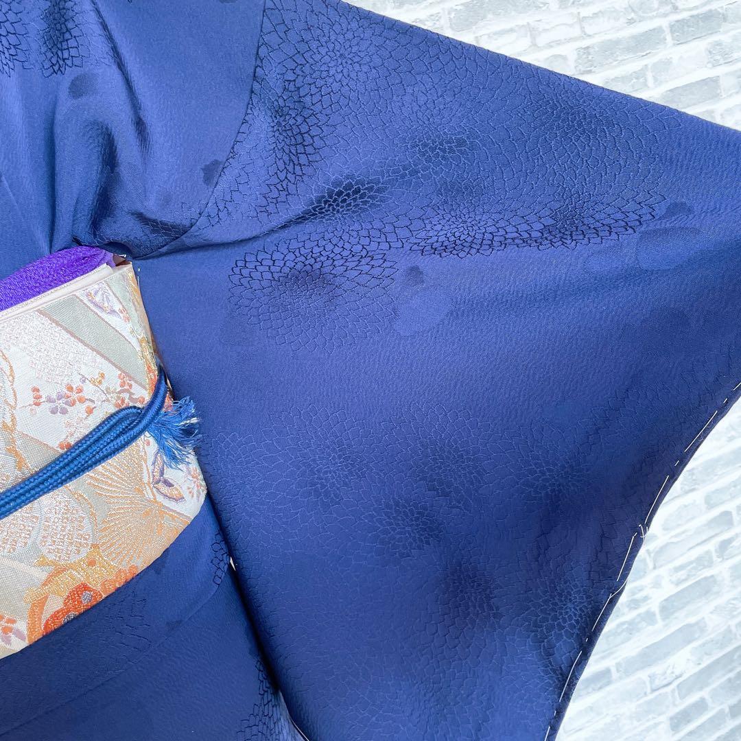 色無地　狢菊　地紋　紺色　躾糸付き　丸に片喰　シンプル　礼装　I1