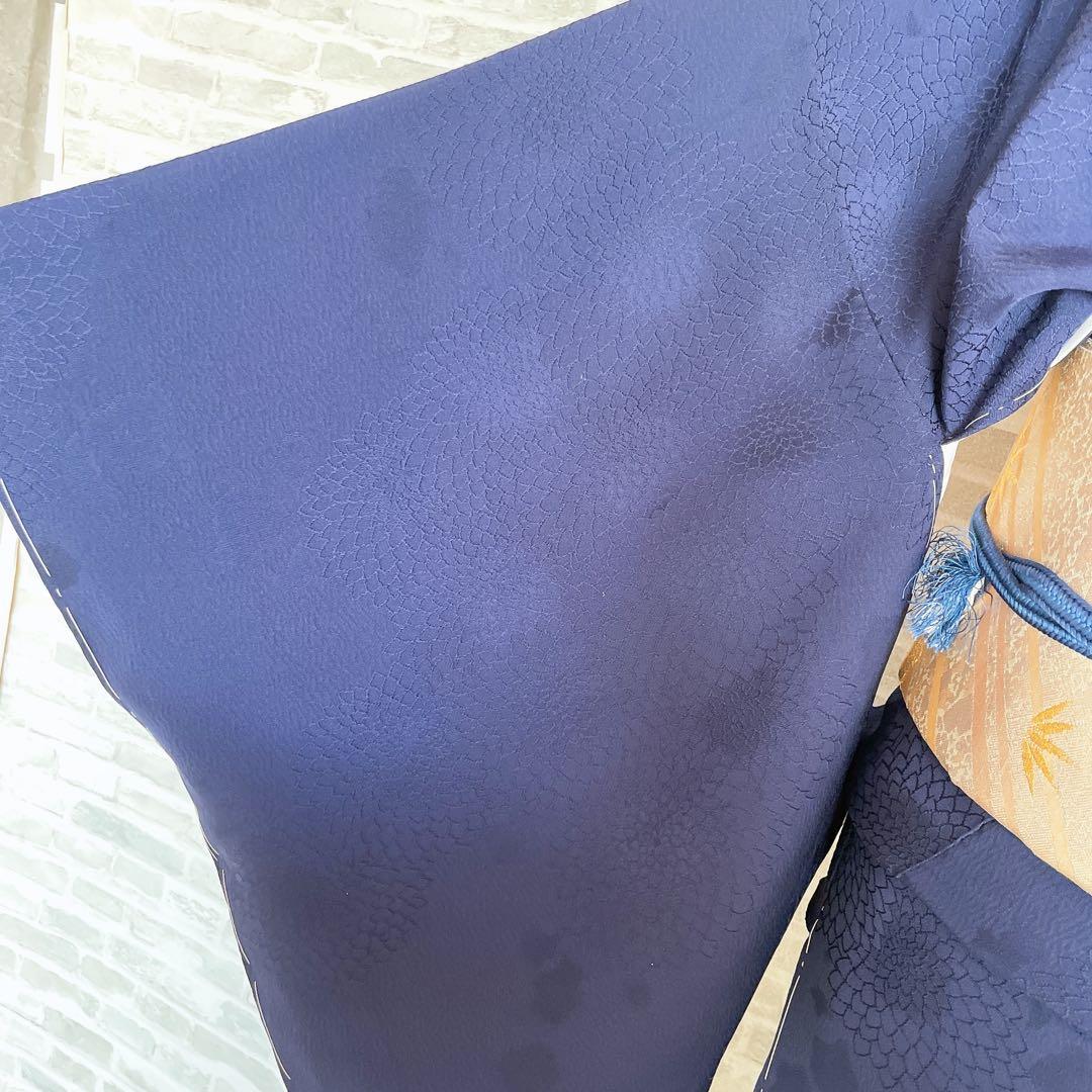 色無地　狢菊　地紋　紺色　躾糸付き　丸に片喰　シンプル　礼装　I1