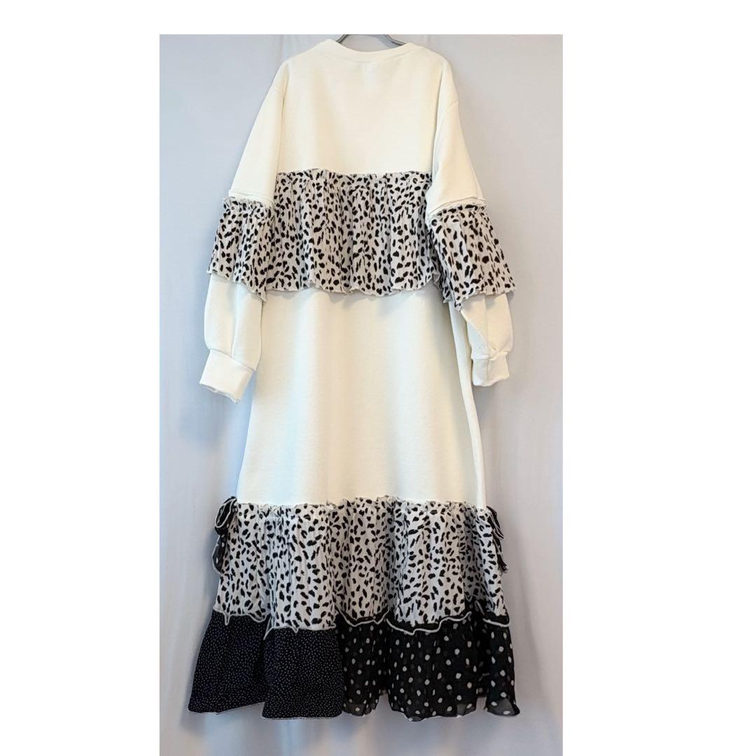 ③スウェット×ダルメシアン.ドット　フリル．リボンロングワンピース　大きいサイズ