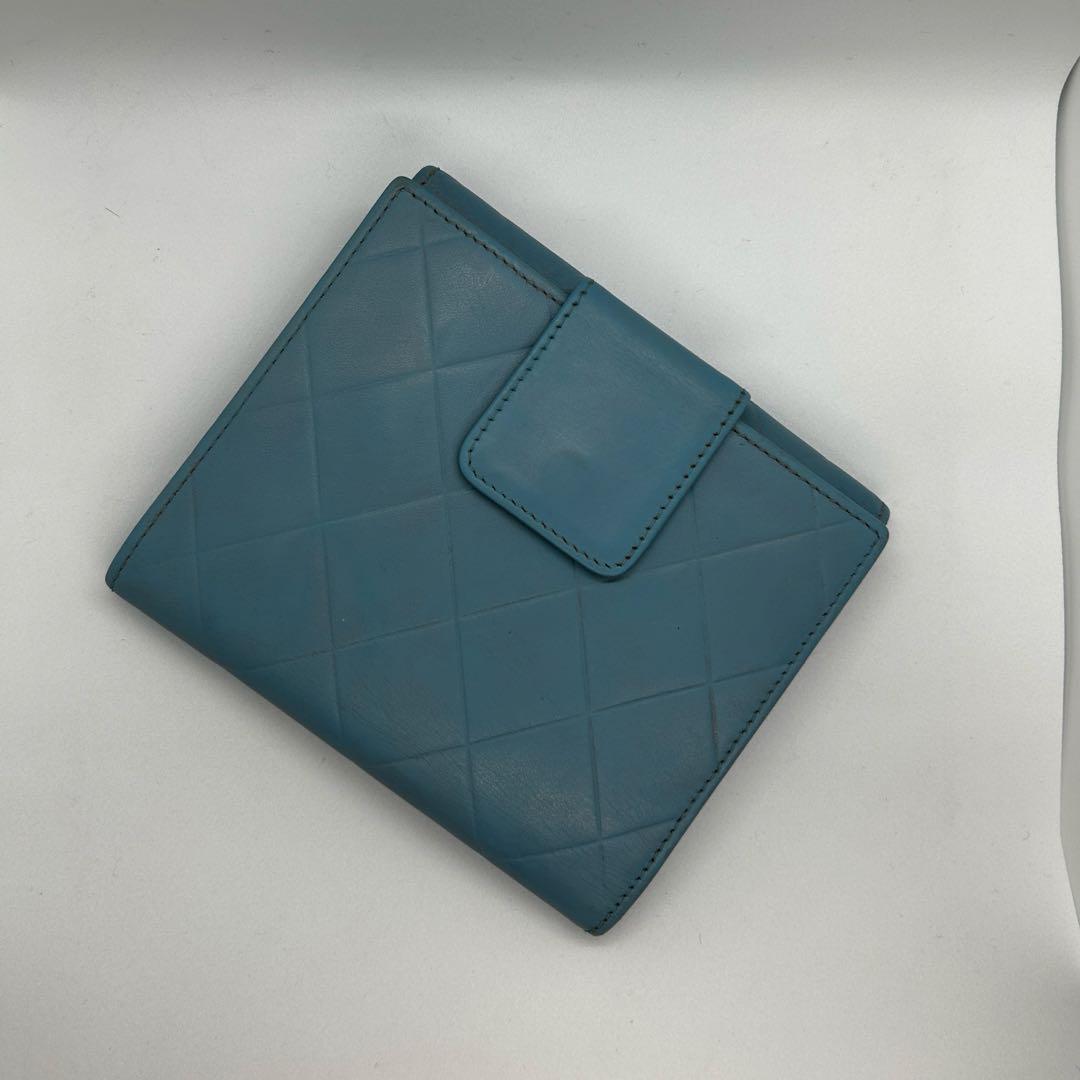 正規品 希少 シャネル CHANEL 二つ折り ミニ 財布 ロゴ ブルー/626